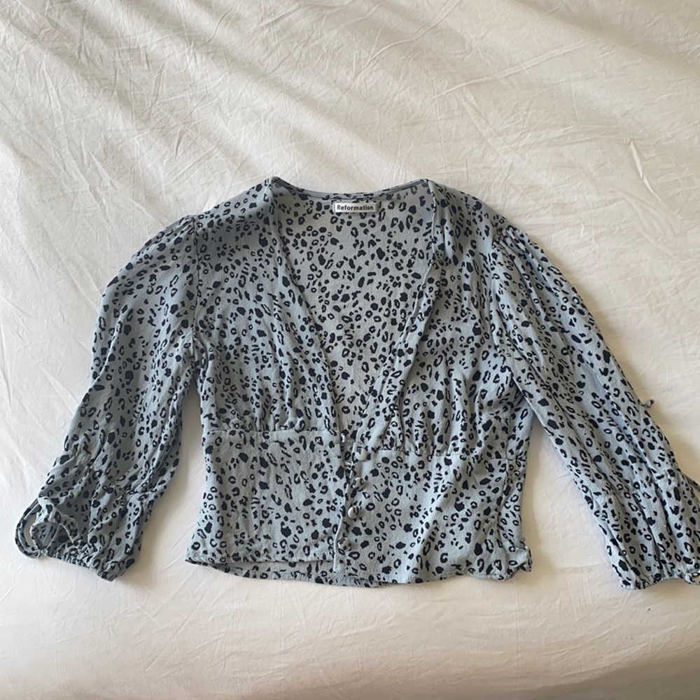 Reformation Light Blue Leopard Print Button Front Blouse
